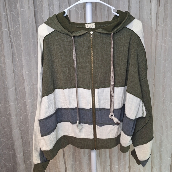 POL Colorblock Olive White Blue Stripes 100% Cotton Zippered Hoodie - Picture 9 of 13